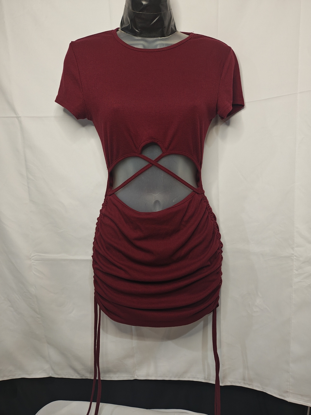 SHEIN Burgundy Crosscut Ruched Mini Dress